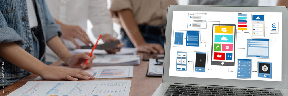 Poster UX UI design process for brisk mobile application and website . Creative prototype of wireframe for professional app developer .