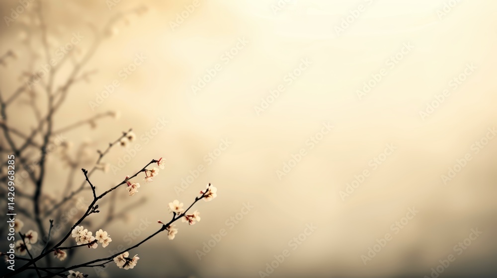 Poster Slender branches adorned with clusters of delicate white flowers reach upward against a pale overcast sky, creating a tranquil and minimalist atmosphere