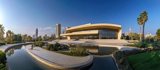 Fototapeta premium Modern architectural building nestled within a landscaped park