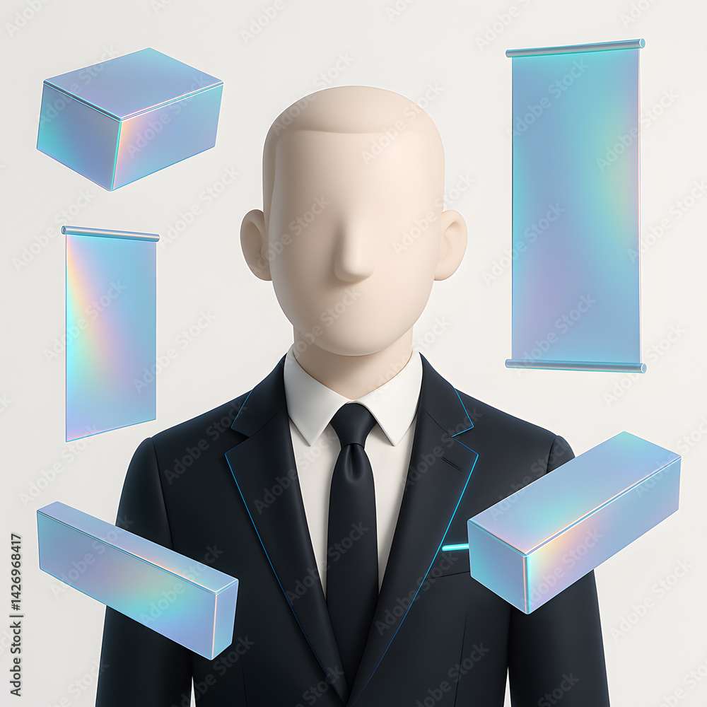 Poster futuristic 3d character in business suit with floating holographic mockups for branding and technolo