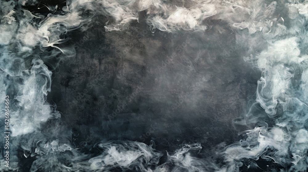 Aufkleber Dramatic black backdrop features soft white smoke swirling upward, providing an open central space ideal for prominent product placement and text display