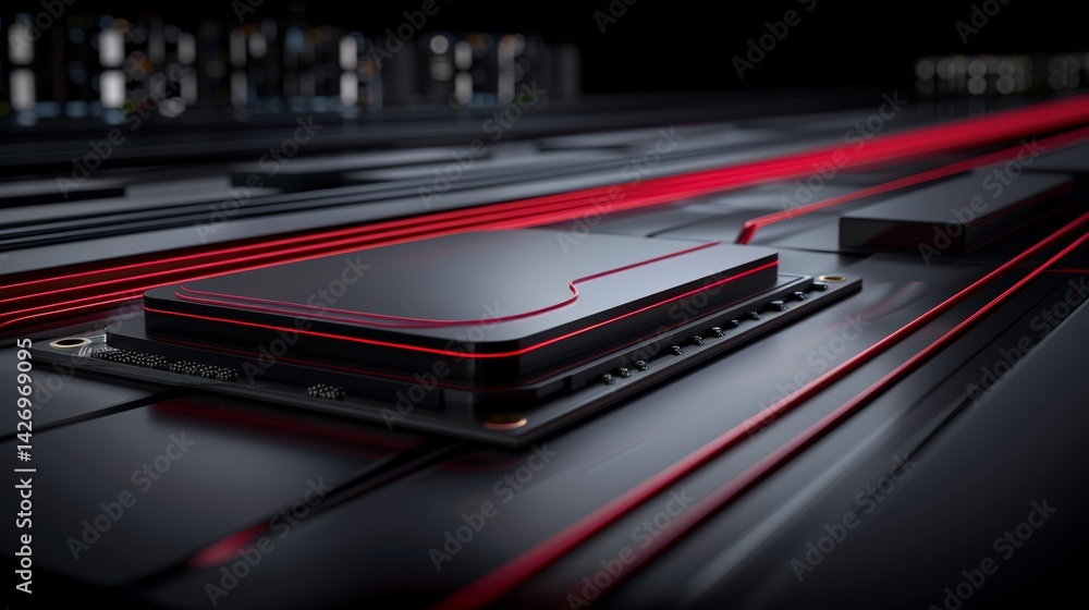 Fototapete Light trails flow around a central processing unit emphasizing speed and innovation in technology, creating a dynamic abstract composition with open space