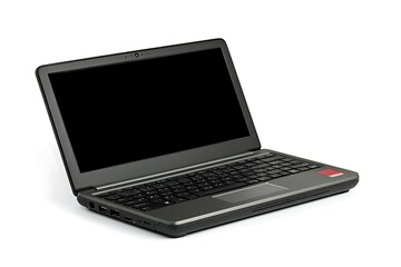 Gray laptop computer angled on white background.