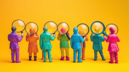 Obraz premium Colorful figures lined with magnifying glasses symbolize selection or recruitment.