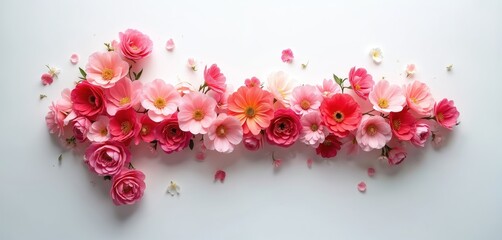 Floral arrangement arrow made from pink and red flowers on white backdrop. Symbol of love, nature. Petals spread. Modern design for greeting cards, website backgrounds. Beautiful blossoms.