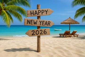 Wooden sign reading Happy New Year 2026 on tropical beach with turquoise sea, palm trees and sun loungers