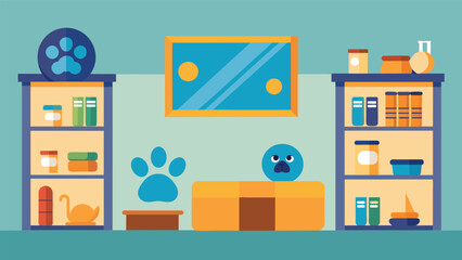 Obraz premium A designated petfriendly zone with a sy easytoclean flooring material and builtin shelves for pet supplies.. Vector illustration