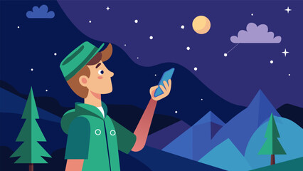Naklejka premium A scout looks up at the stars identifying constellations with the help of a stargazing app on their phone.. Vector illustration