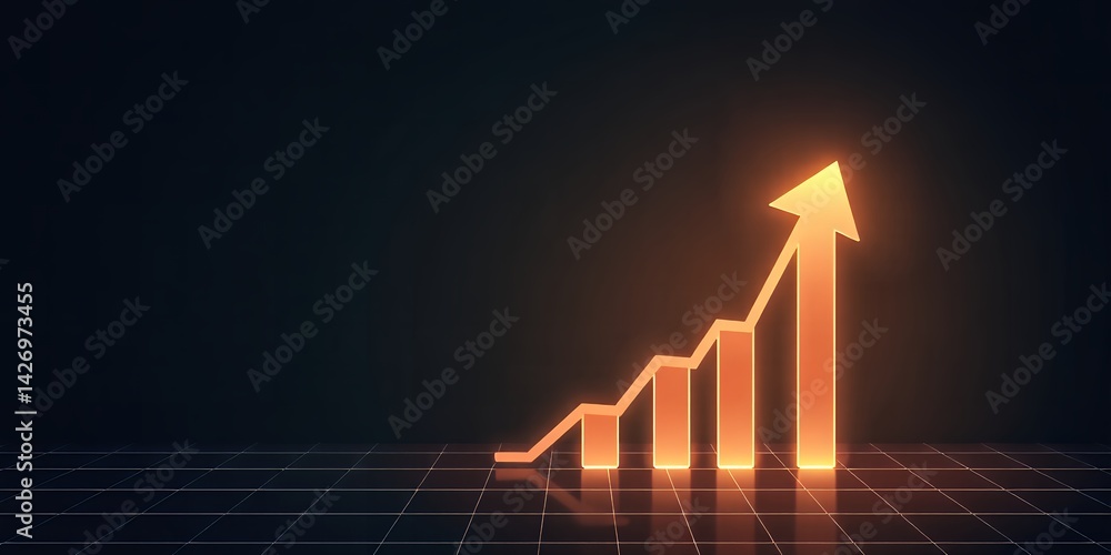 Aufkleber glowing orange upward trend line graph on a dark background with a grid surface below it