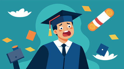 A recent graduate is excited to start their first job but their enthusiasm wanes when they realize a large chunk of their paycheck will be going. Vector illustration