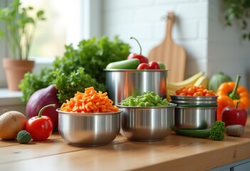 stylish sleek metal meal prep containers fresh ingredients healthy cooking food storage sustainable solutions, design, interior, modern, vegetables, fruits