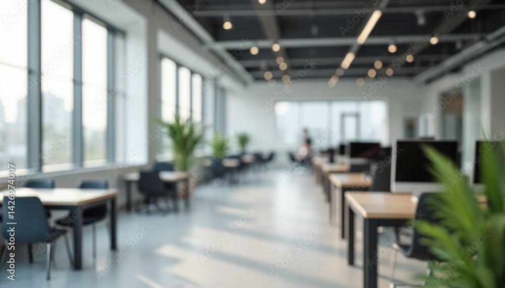 Poster modern office interior design with blurred background. spacious workspace featuring desks chairs, co