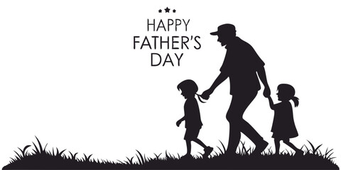 Happy Fathers Day Silhouette Vector of Father Walking with Son and Daughter on Grass Background