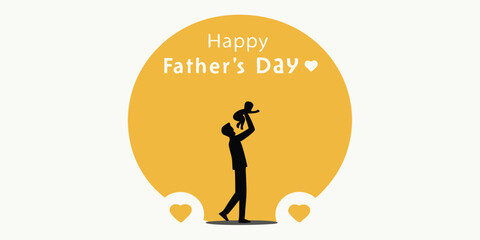 Happy Father's Day Celebration Vector with Father and Child Silhouette Holding Baby under Orange Sun Background