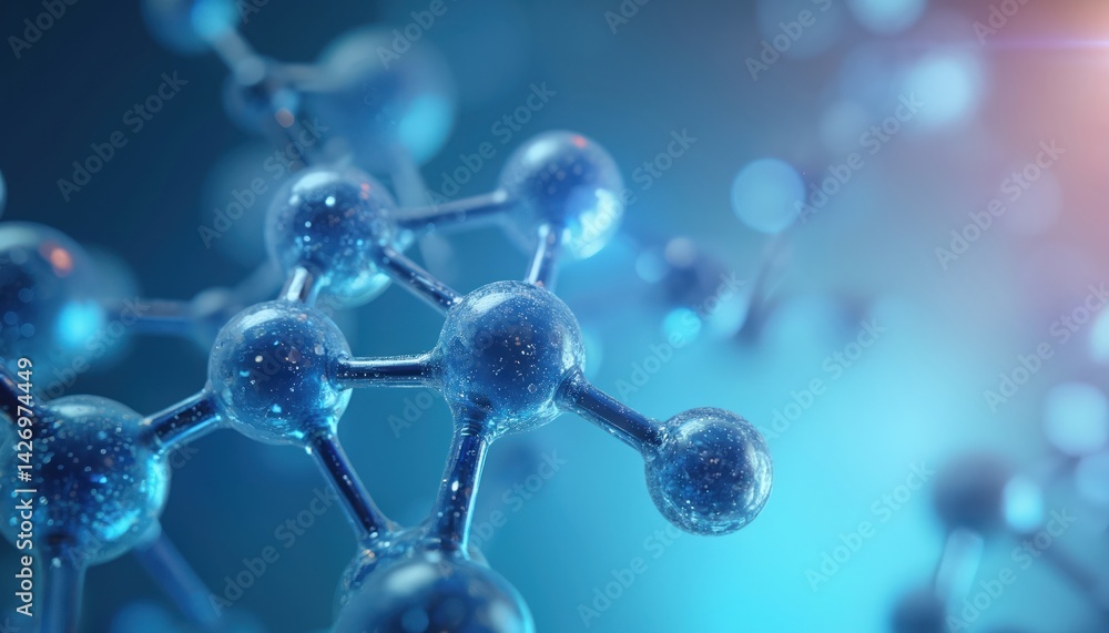 Aufkleber Abstract 3D render of atom molecule structure against blue background. Microscopic molecular structure of atoms with balls, connections represents scientific tech, medicals. Concept for DNA,