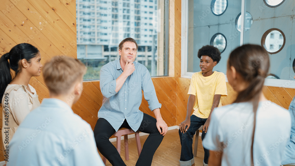 Poster smart teacher talking about mental health problem and sharing idea with boy during group therapy. ha