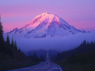 breathtaking view of a snow-covered mountain at sunset, with the sky painted in hues of pink and purple. The mountain peak is illuminated by the soft light of the setting sun