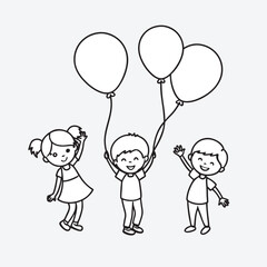 Joyful Childhood Celebration: Three happy children joyfully celebrate with balloons, creating a whimsical and lighthearted illustration of pure childhood happiness and fun.