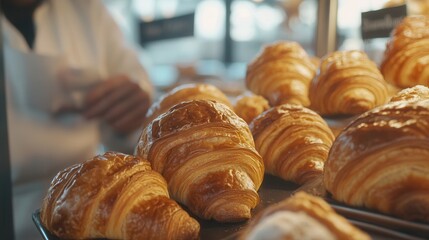 Freshly baked croissants on a tray, just out of the oven and ready for customers.