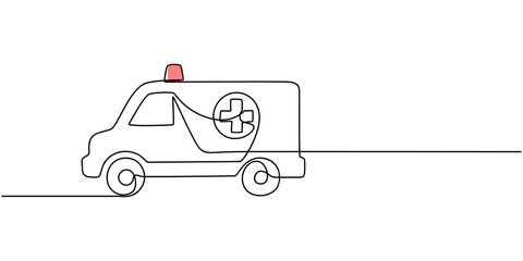Ambulance vehicle in continuous line art drawing style. Emergency ambulance van with Red Cross symbol black linear, Ambulance car continuous one line drawing. Ambulance van single line art. © Line emotion