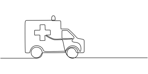 Ambulance vehicle in continuous line art drawing style. Emergency ambulance van with Red Cross symbol black linear, Ambulance car continuous one line drawing. Ambulance van single line art. © Line emotion