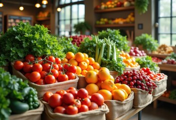 vibrant fresh produce eco friendly sustainable packaging display abundant vegetables fruits bright colors natural market grocery organic, nature
