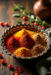 decorative metal platter colorful spices culinary presentation artistry aroma visual delight, food, ingredient, herb, pepper, paprika, cumin, ginger