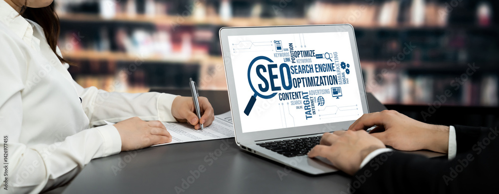 Poster seo search engine optimization for brisk e-commerce and online retail business showing on computer s