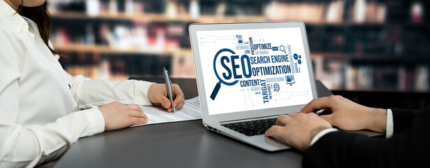 SEO search engine optimization for brisk e-commerce and online retail business showing on computer...