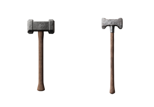 Two unique stone hammers with wooden handles displayed in a straight line with precision