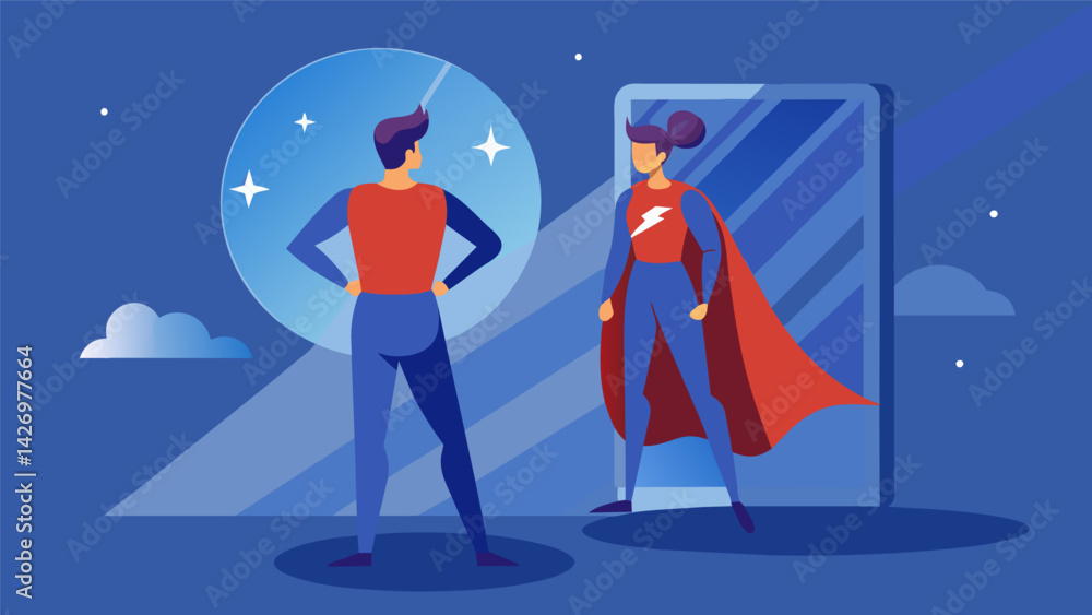 Poster a person standing in front of a mirror with their reflection showing them as a superhero with mental