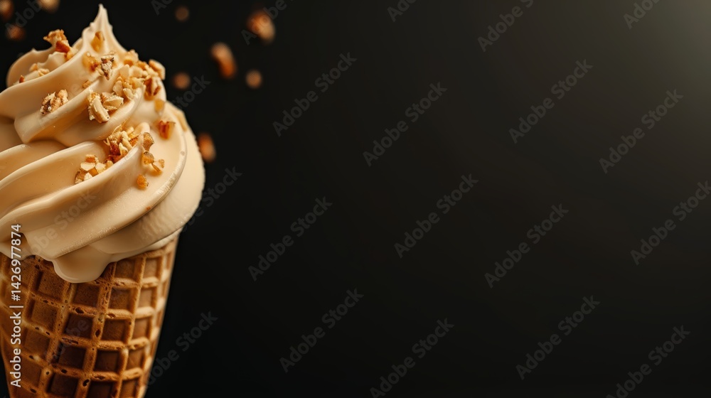 Poster close-up view features a waffle cone filled with creamy coffee-flavored soft serve, topped with crun