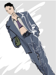 Beautiful young girl in stylish clothes. Fashion woman look. Sale concept. Hand-drawn fashion illustration. Cute girl in fashion clothes.