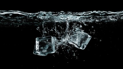 Ice cubes plunging into water, creating a splash and bubbles, all set against a dark background, capturing a refreshing and dynamic moment.
