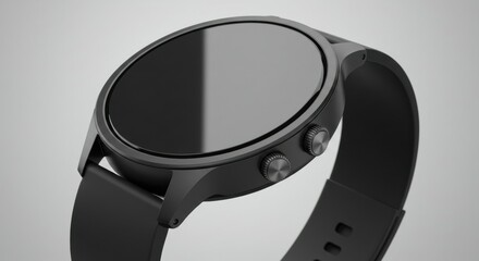 Round Black Smartwatch with Dual Buttons on Grey Background