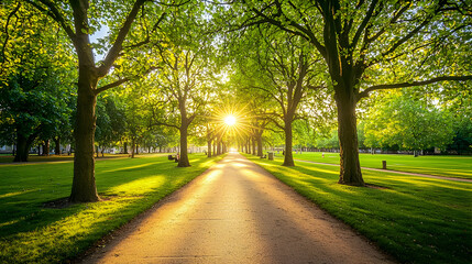 Obraz premium Sunny Park Path With Lush Green Trees