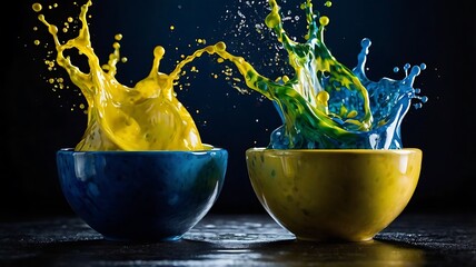 Splashes of yellow and blue paints exploding from ceramic bowls on a dark surface