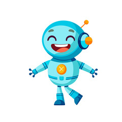 Obraz premium 2D character, cheerful blue robot walking and smiling, on transparent background