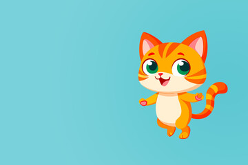 Obraz premium 2D character, cute ginger kitten jumping,with copy space for text or branding,on a light blue background