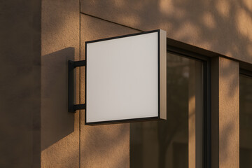 Blank Square Outdoor Storefront Sign Attached to Building Wall for Logo Branding or Shop Advertisement Mockup
