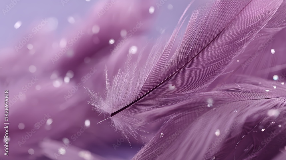 Poster close-up view of a lavender swirl backdrop featuring drifting feathers and shimmering sparkles, idea