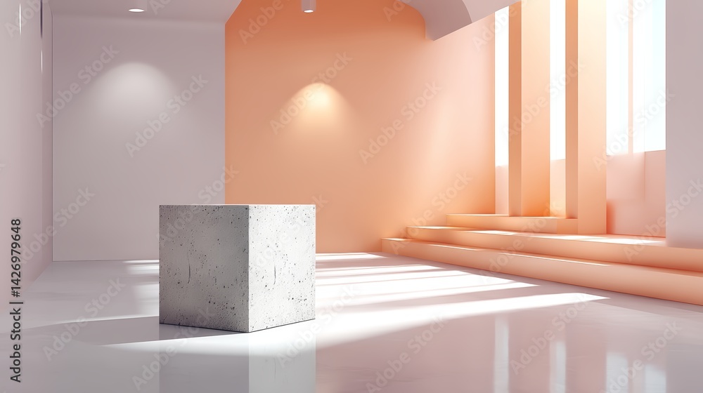 Poster Hexagonal concrete display stand showcases its textured surface atop a pale terracotta shelf in a softly illuminated contemporary setting, creating an elegant aesthetic