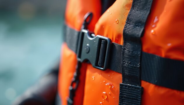 Close-up view life jacket with orange fabric black straps and buckle. Water droplets on vest. Boating water safety equipment. Protecting life water sports activity.
