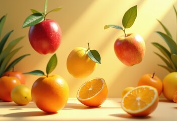 vibrant fruit levitation whimsical shadows colorful display freshness playful imagery, orange, banana, melon, berry, pineapple, kiwi, grape, grapefruit, peach