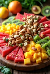 vibrant fruit nut snack platter diverse colorful arrangement natural healthy treats freshness flavor, variety, assortment, peanut, almond, coconut, berry