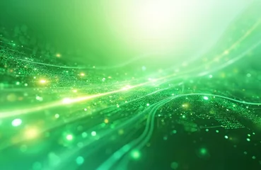 Rolgordijnen zonder boren Abstract green tech design with light beams. Digital network data flow, energy, innovation concept. Modern eco-friendly tech background, futuristic design. High-tech background for presentation. © miss irine