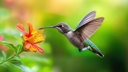 Fototapeta premium A Hummingbird Is Hovering Near A Vibrant Orange Flower