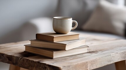 Cozy afternoon scene with books and warm beverage, symbolizing relaxation