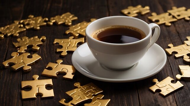 Cup of coffee surrounded by golden puzzle pieces on wood surface - Powered by Adobe