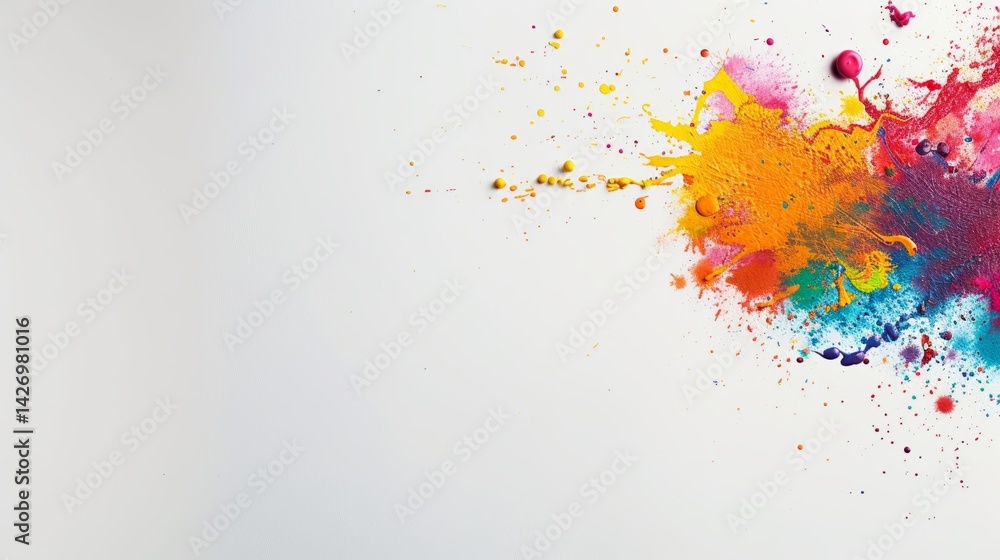 Poster Bright droplets of paint create a lively splash in mid-air, symbolizing artistic flair and creativity with abundant empty space to the right for added design flexibility